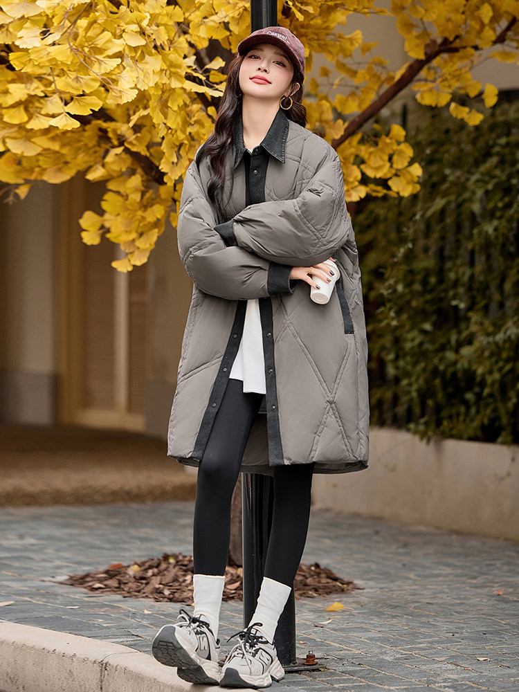 现货主推~白鸭绒羽绒服2004气质牛仔拼接大气百搭外套女装,女装羽绒服,半夏