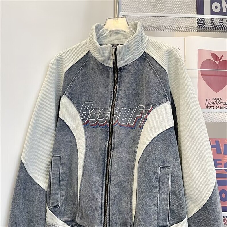 秋款男牛仔夹克灯芯绒撞色拼接立领外套机车夹克JK180P95,男装夹克,星座1013-1
