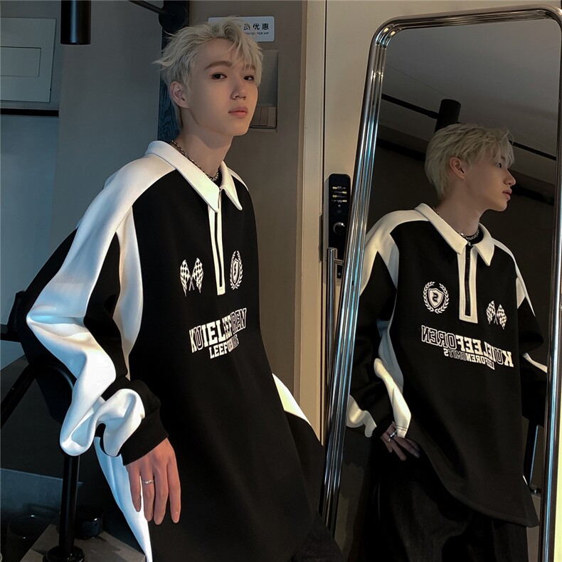 美式复古重磅翻领卫衣男春秋上衣半拉链长袖POLO衫潮W83-P58，男装Polo衫，电商C307A