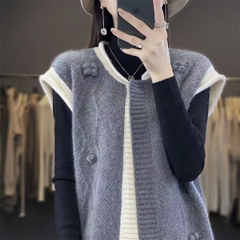 拼色马甲开衫2024年秋季时尚简约百搭针织衫,女装马甲,萱芳婷羊绒