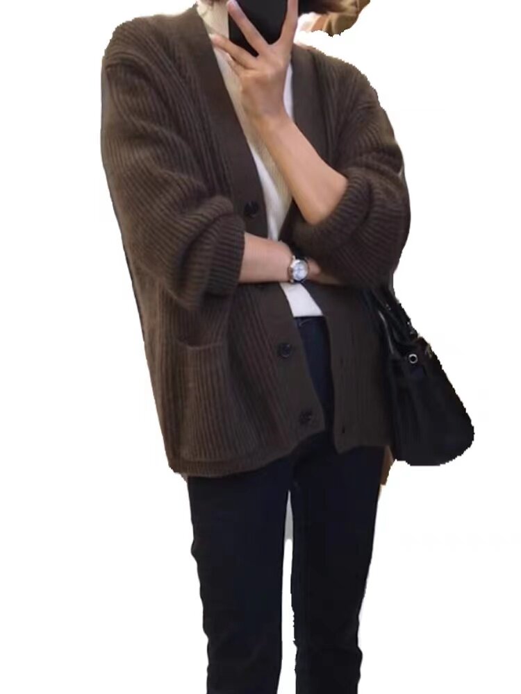 羊范秋冬新款V领100羊毛针织开衫女士韩系慵懒软糯毛衣外套上衣,女装羊毛衫,戎咖羊绒