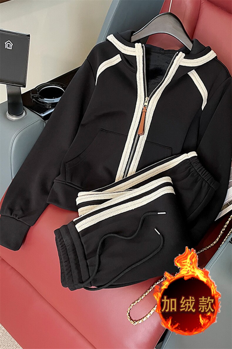 秋冬新款女式加绒卫衣卫裤套装显瘦减龄纯色休闲运动服,女装套装/套裙,江南