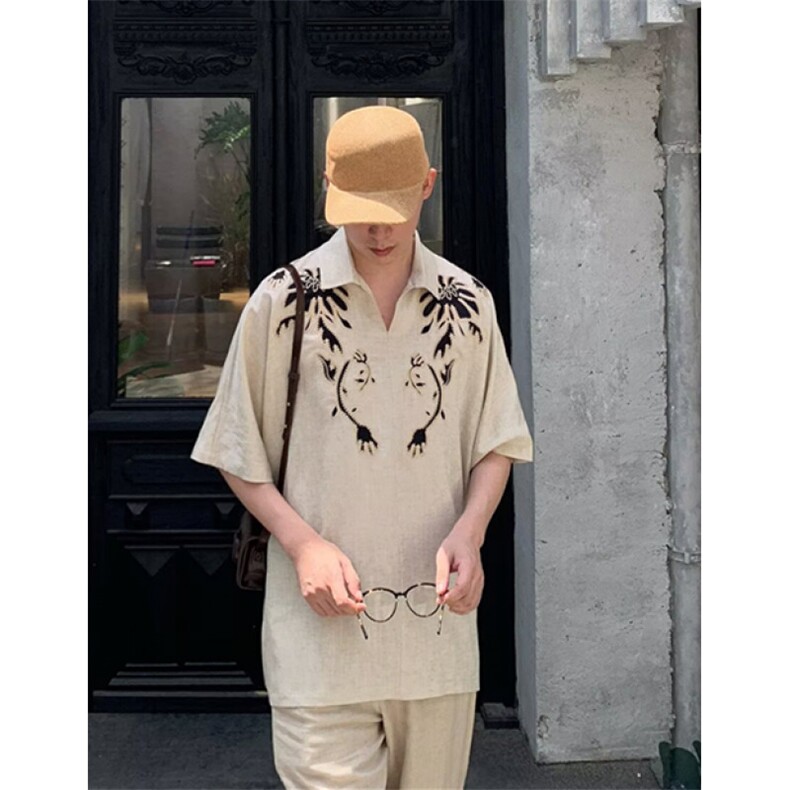 WE1651-P45青少年2025年夏季新款刺绣度假风五分t恤衬衫上衣外套,男装T恤,电商B323A