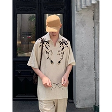 WE1651-P45青少年2025年夏季新款刺绣度假风五分t恤衬衫上衣外套，男装T恤，电商B323A