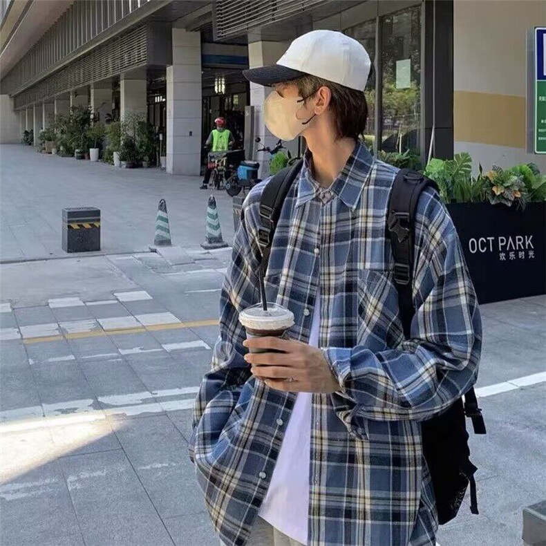 W9534-P40网图现货美式复古格子衬衫宽松休闲百搭街头衬衣外套,男装衬衫,星座1608-2