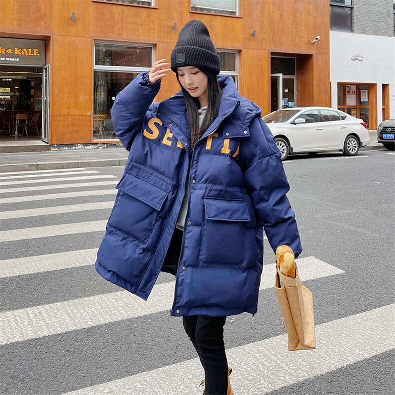 蓝色羽绒棉服女冬季2025新款宽松中长款加厚面包服小个子棉袄外套,女装棉衣/棉服,2C201