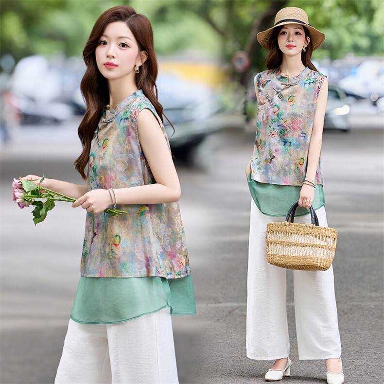 现货！香云纱复古时尚洋气新中式遮肉减龄薄款舒适宋锦两件套大码，女装套装/套裙，木橙西子