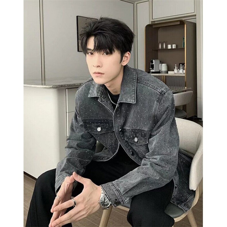 烫钻牛仔外套男春秋新款复古做旧宽松翻领百搭情侣夹克JK26，男装工装外套，星座1116A（原606A-3）
