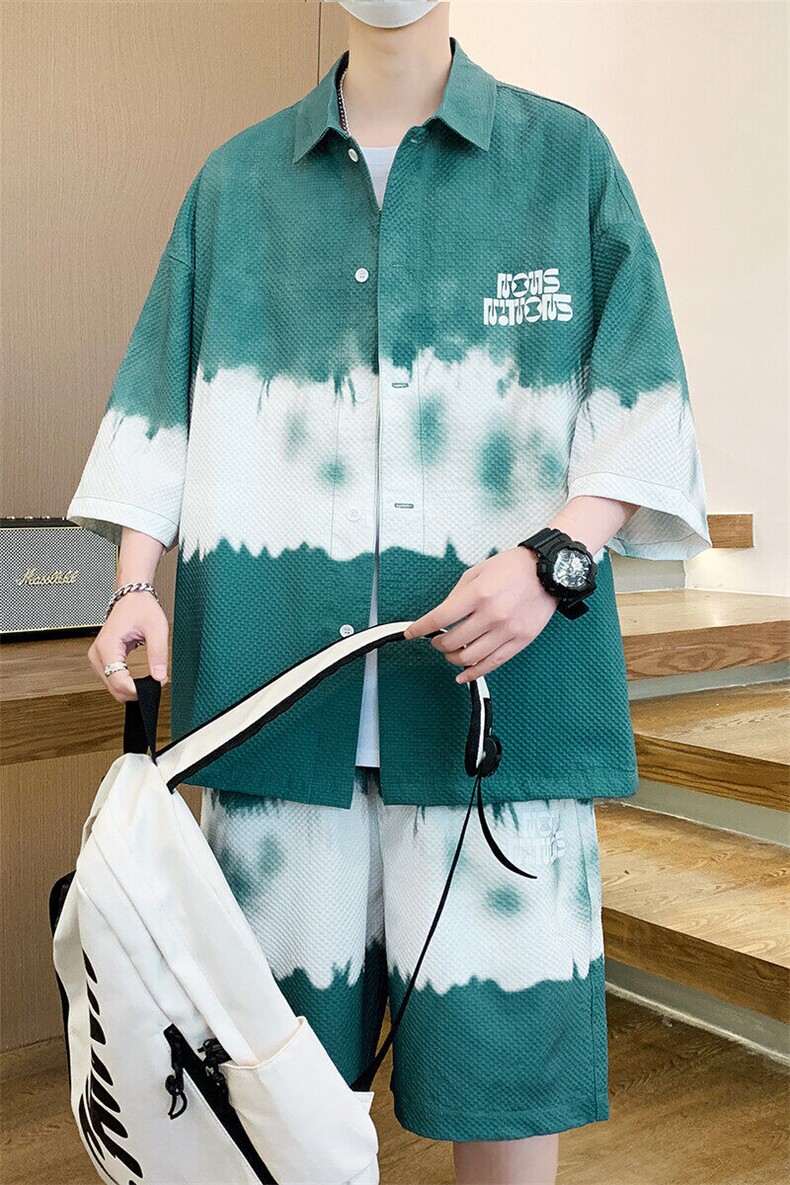 夏季港风衬衫渐变短袖套装青少年韩版时尚潮流裤子衬衫男两件套,男装T恤,星座1206（原A206）