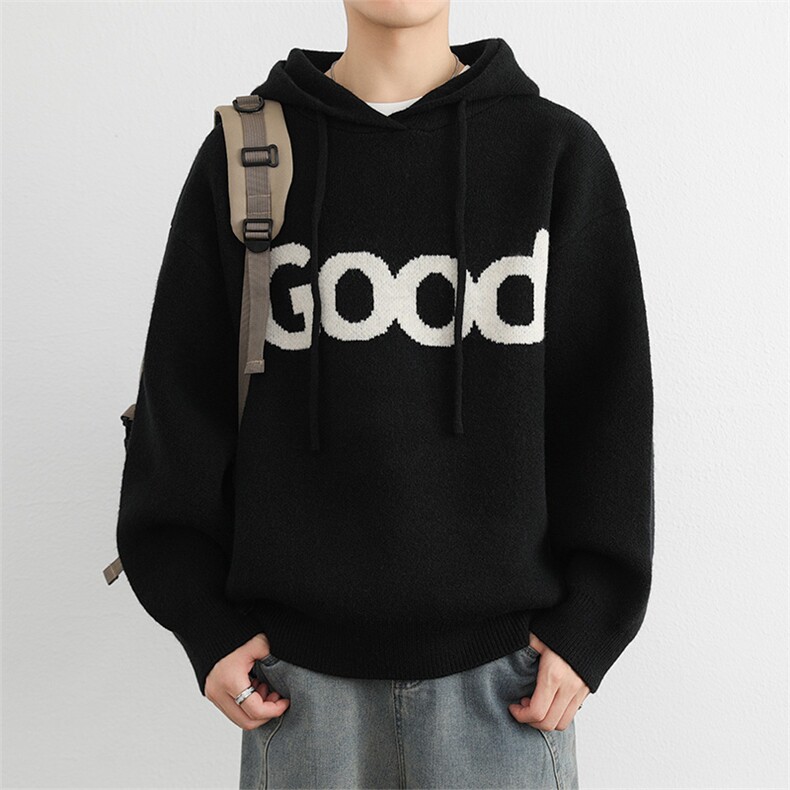 港风复古套头针织帽衫男GOOD连帽毛衣潮牌秋冬慵懒风情侣外套,男装针织衫/毛衣,星座914