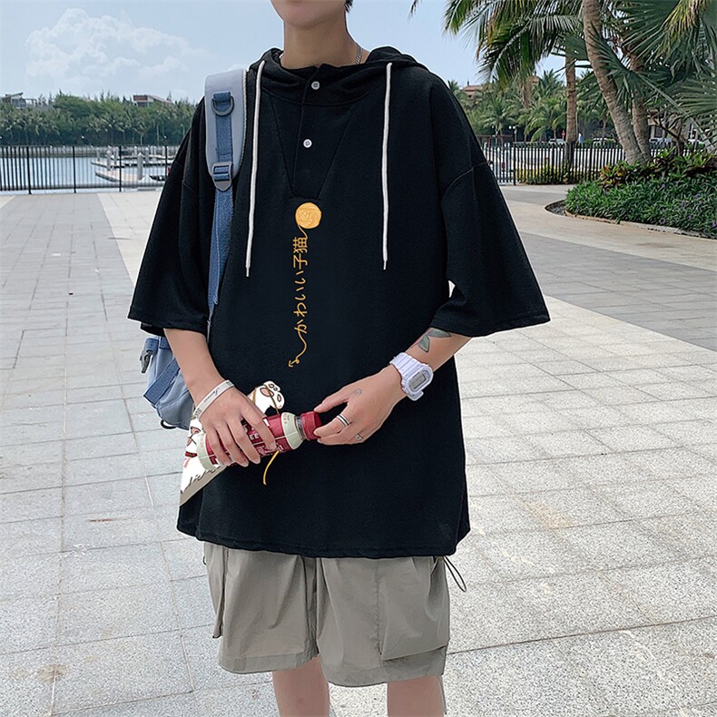 LD54013-P45连帽短袖t恤男大码胖子带帽五分袖中袖,男装T恤,电商A040