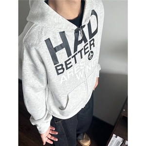 美式复古字母排版印花正肩开衫卫衣男女设计感休闲情侣帽衫图片
