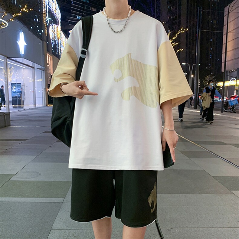 高品质夏季新款短袖T恤港风套装青少年纯棉潮流男装DF317P65控89,男装休闲套装,电商A086