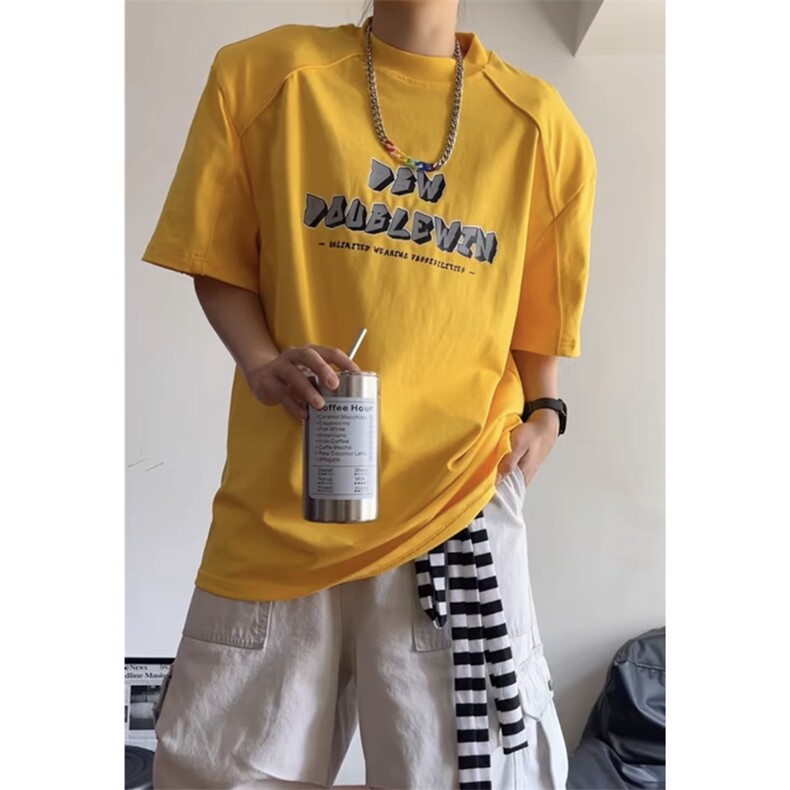 300g重磅纯棉短袖黄色阔肩版型垫肩T恤印花体恤衫T2459-P45图片