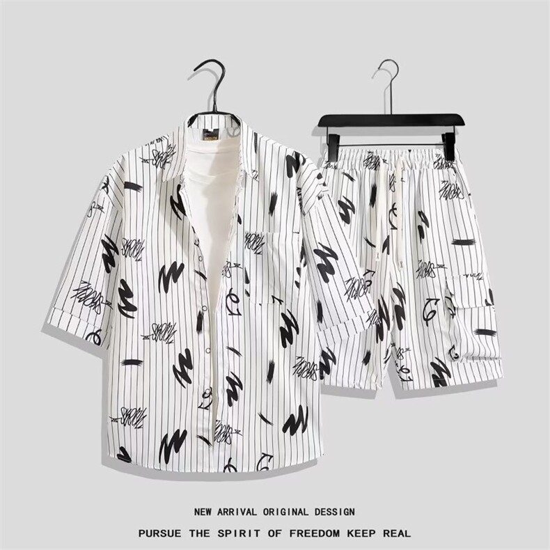 字母印花衬衫男士夏季套装凉感短袖衬衣服男生酷帅穿搭一整套,男装休闲套装,星座506B