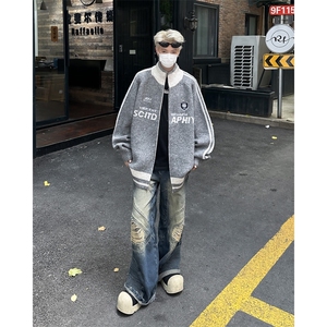 美式插肩立领毛衣外套男女秋季宽松羊毛针织衫拉链开衫图片
