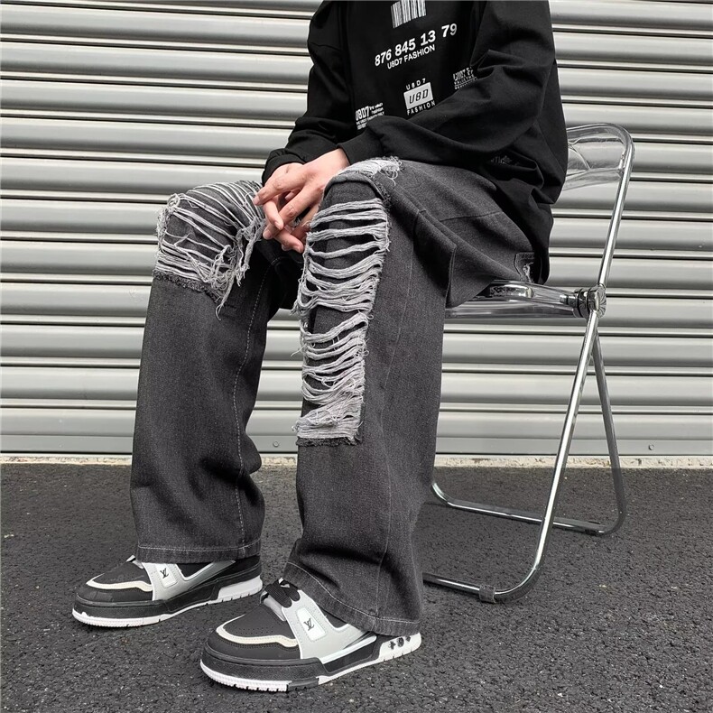 美式破洞牛仔裤男春秋潮牌高街痞帅裤子欧美街头宽松拖地直筒长裤,男装牛仔裤,星座601-2