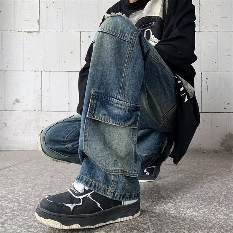 美式复古水洗毛边多口袋直筒牛仔裤小众设计感男潮宽松休闲裤,男装牛仔裤,星座601-2