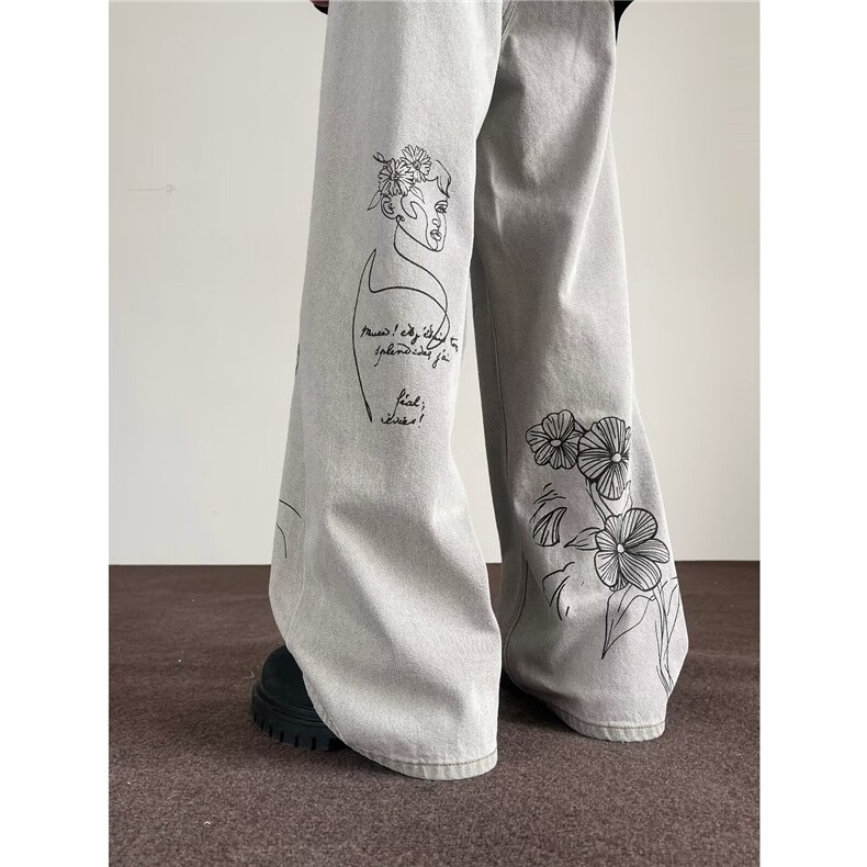 小众个性设计感休闲西裤男春季简约小标树枝印花美式复古阔腿裤子，男装西裤，星座1013