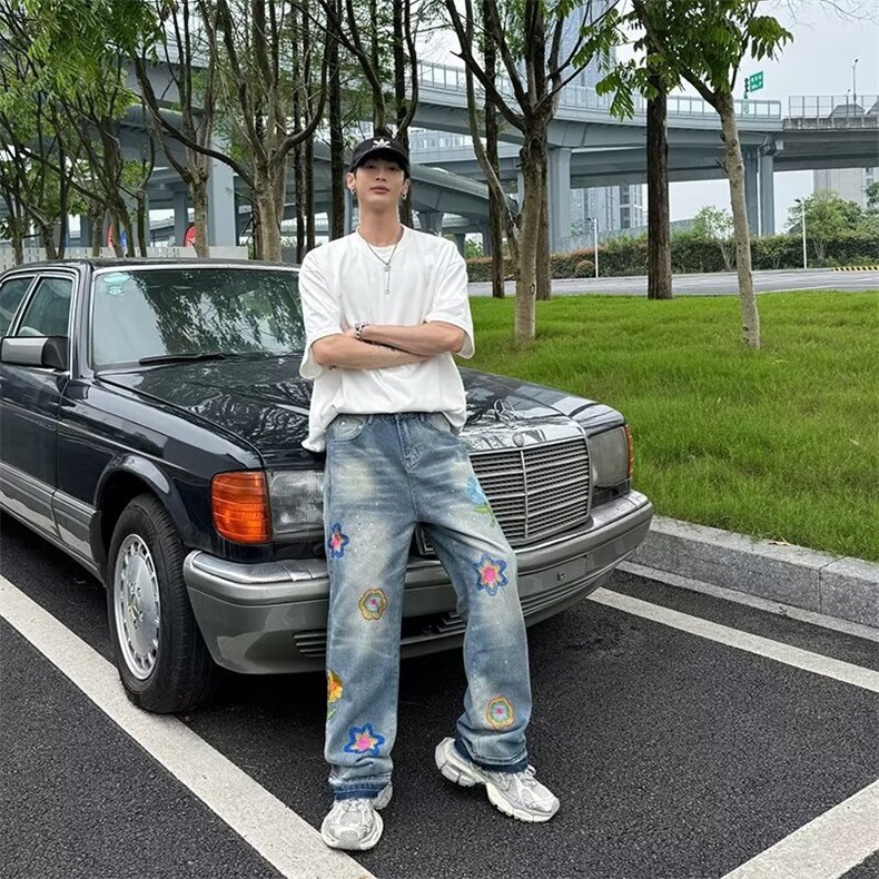 W325-P62个性刺绣牛仔休闲长裤港风个性男女,男装休闲裤,星座911-1