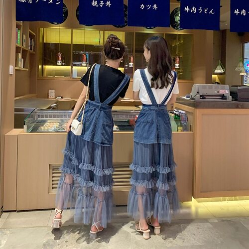 时尚气质2021夏季新款收腰背带网纱韩版拼接两件套,女装套装/套裙,艾仟回(原伊仟回)
