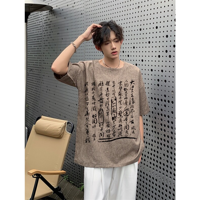 已做版权 现货 新中式棉麻书法宽松亚麻大码短袖男 MT23-P35 控58图片