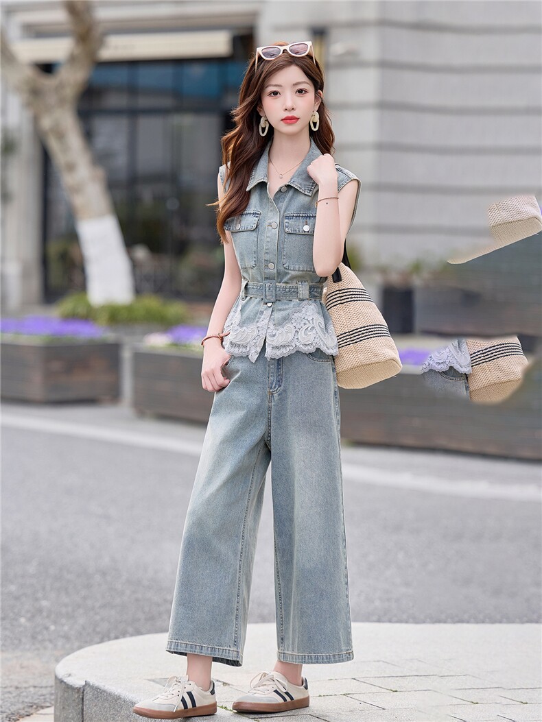 现货。2026年夏季牛仔拼接蕾丝两件套减龄显瘦套裤潮,女装套装/套裙,E百度