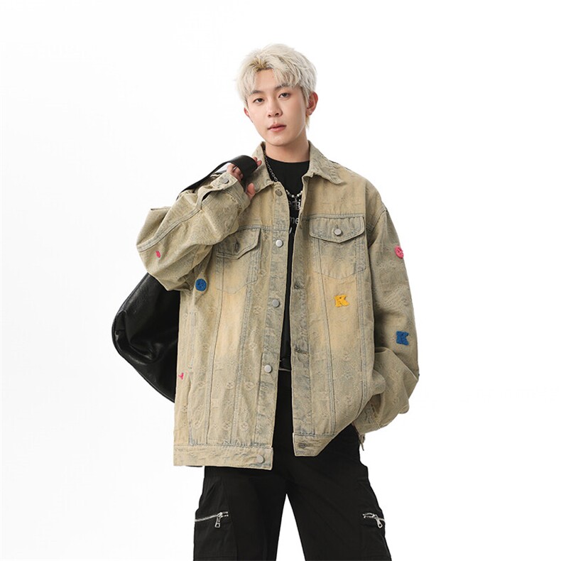 小花刺绣牛仔衬衫男2025新款宽松bf风日系复古开衫上衣JK1149-P95,男装夹克,星座1103-3