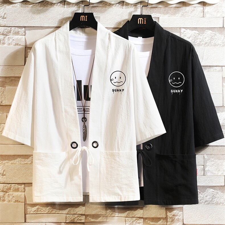 HF59072-P40风汉服男开衫外套七分袖道袍 砖墙挂拍图片