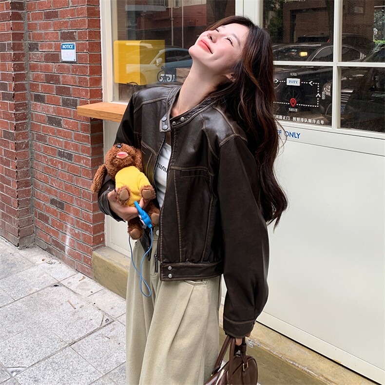 复古港风炸街皮衣夹克外套女2025春秋季新款宽松显瘦时尚短款上衣,女装皮衣,C位