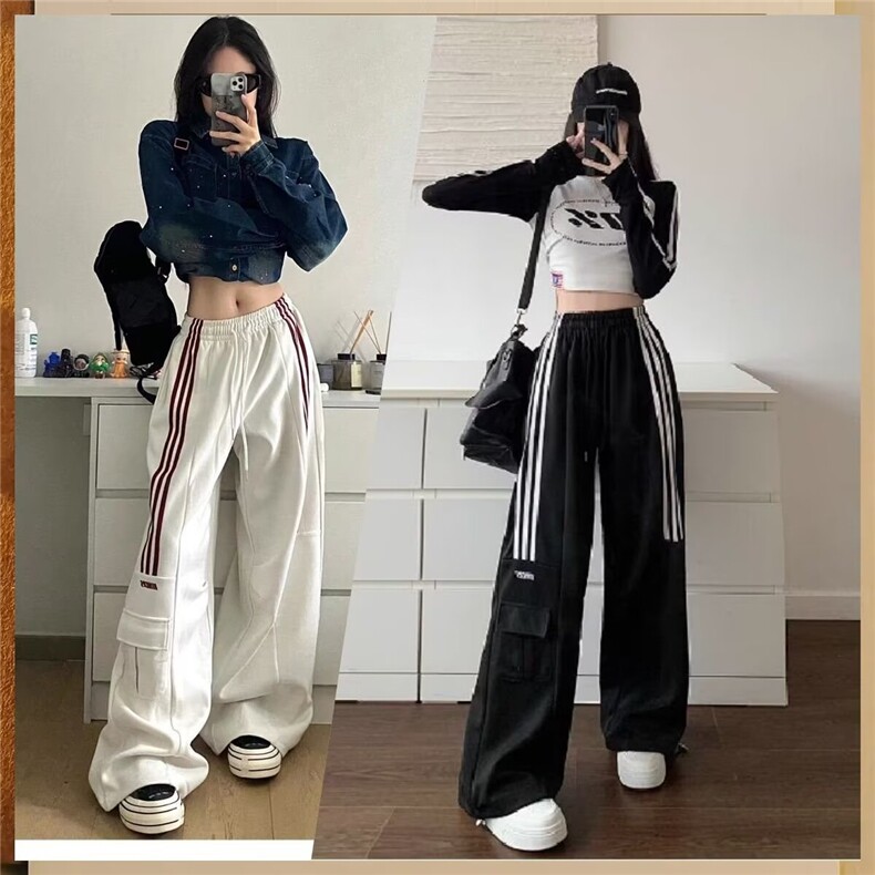 美式复古工装三条杠休闲裤女新款高腰显瘦直筒阔腿运动裤子潮ins图片