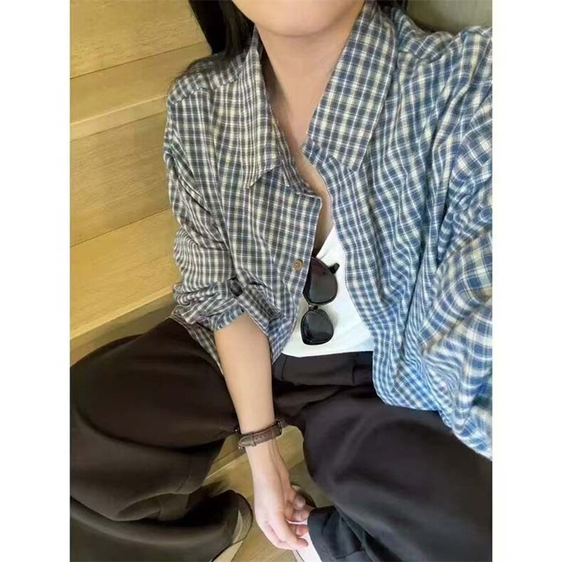 韩系蓝色格子长袖衬衫男女宽松慵懒风衬衣特批2648-CS37,男装衬衫,星座402-2