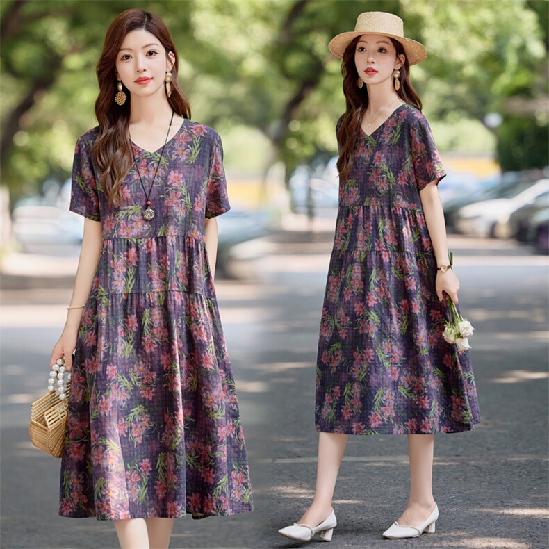 现货，，复古减龄碎花连衣裙女装2025年新款夏季气质收腰棉麻裙子，女装连衣裙，依万里