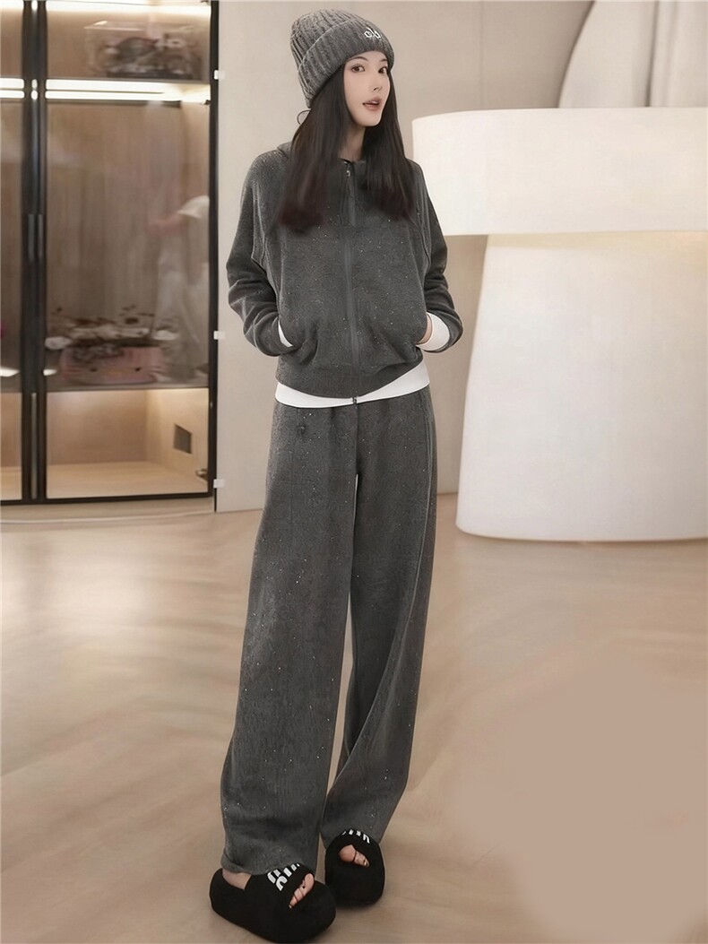 休闲洋气时尚减龄套装假两件加绒卫衣阔腿裤两件套女秋冬,女装套装/套裙,江南