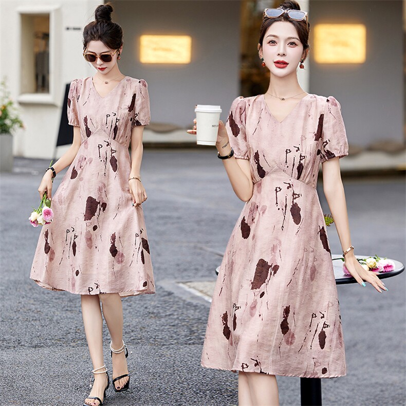 高级感法式气质V领连衣裙女2024夏季新款小个子收腰显瘦印花裙子，女装连衣裙，姿衣坊