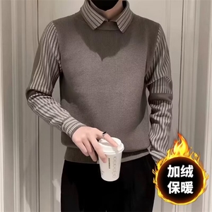 假两件条纹翻领毛衣男韩系秋冬加绒加厚打底修身衬衫针织衫图片