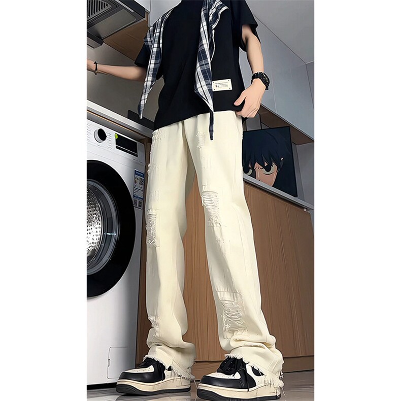 美式高街破洞牛仔裤男微喇高个子加长裤子190cm115直筒裤KZ054P60,男装牛仔裤,电商B312