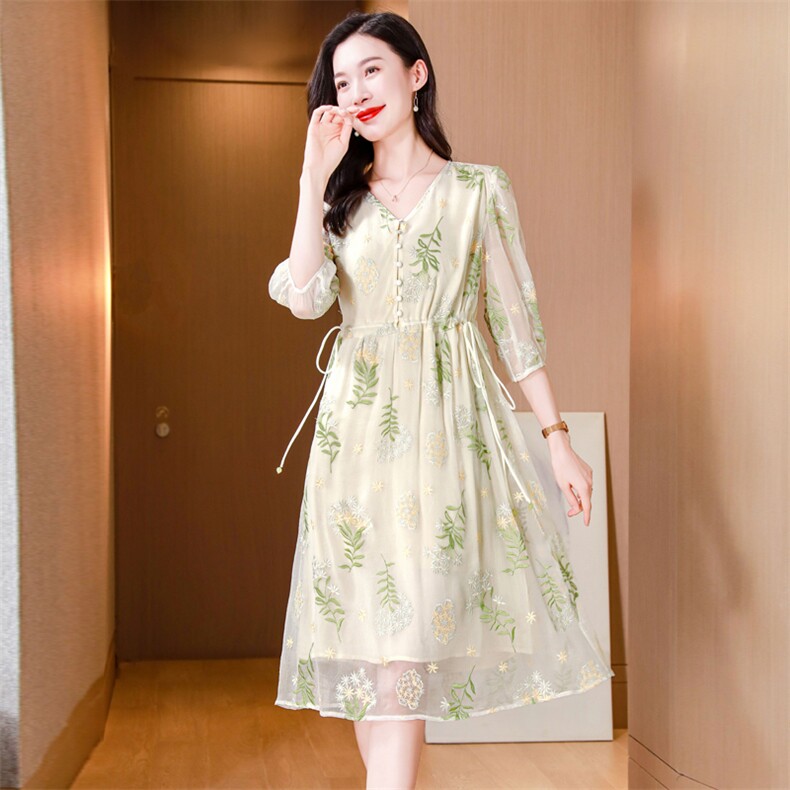 真丝连衣裙2025夏季新款大码女装衣服桑蚕丝高端精致气质碎花裙子,女装连衣裙,阿舍尔精品