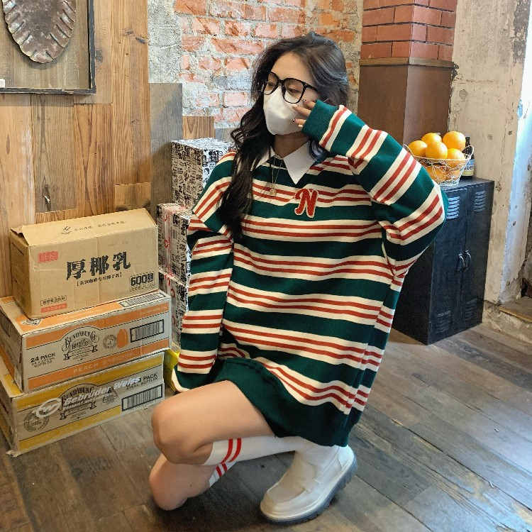 5560-P35新款毛巾绣+后包领撞色条纹休闲长袖卫衣,女装卫衣/绒衫,星座617A-2