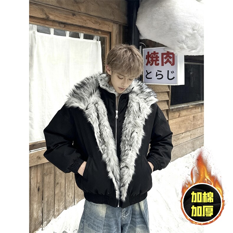 现货高品质美式高街重磅狼王座山雕毛毛领假两件棉衣加厚棉服外套,男装棉衣,电商A486