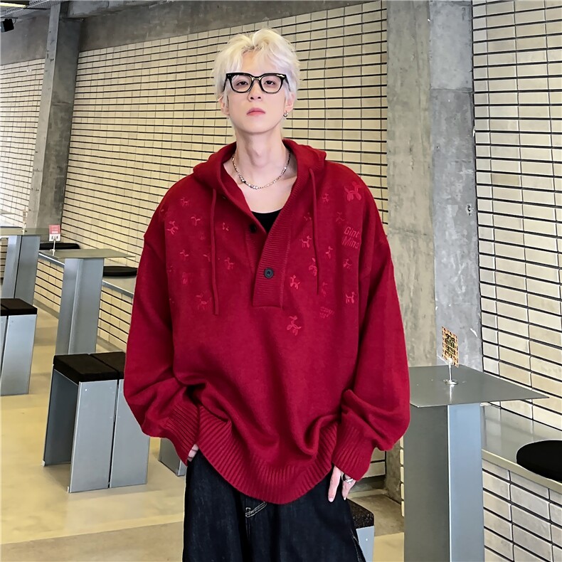 秋冬美式复古慵懒风红色连帽毛衣男女宽松针织衫外套2209-P68,男装针织衫/毛衣,电商C307