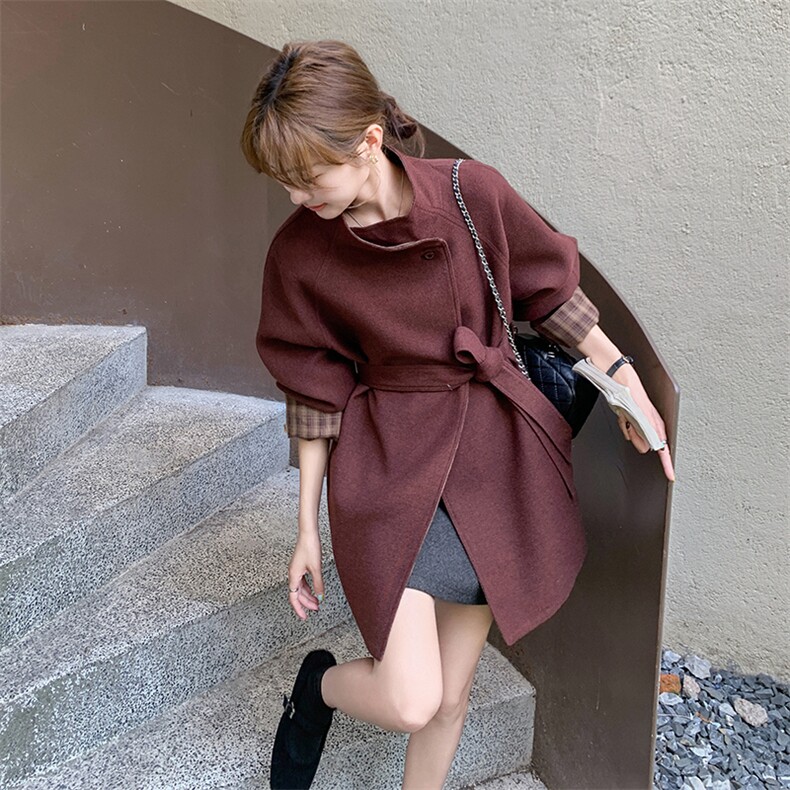 新款现货主推袖子拼色毛呢大衣9887-P175-K258,女装短外套,2C129