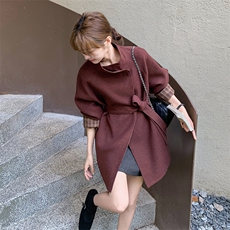 新款现货主推袖子拼色毛呢大衣9887-P175-K258，女装短外套，2C129