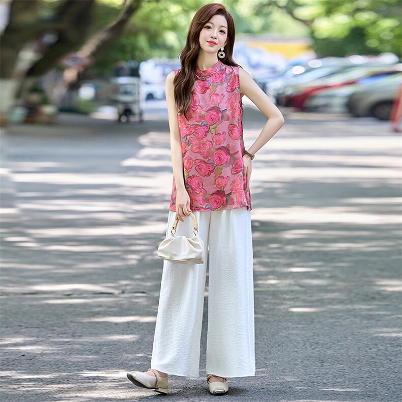 新中式国风女夏季新款高级感显瘦马甲阔腿裤流行街服饰,女装衬衫,罗腾