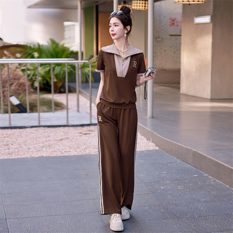 夏季女士运动服两件套短袖休闲时尚潮流拼接大码妈妈装显瘦套装,女装套装/套裙,依路服饰