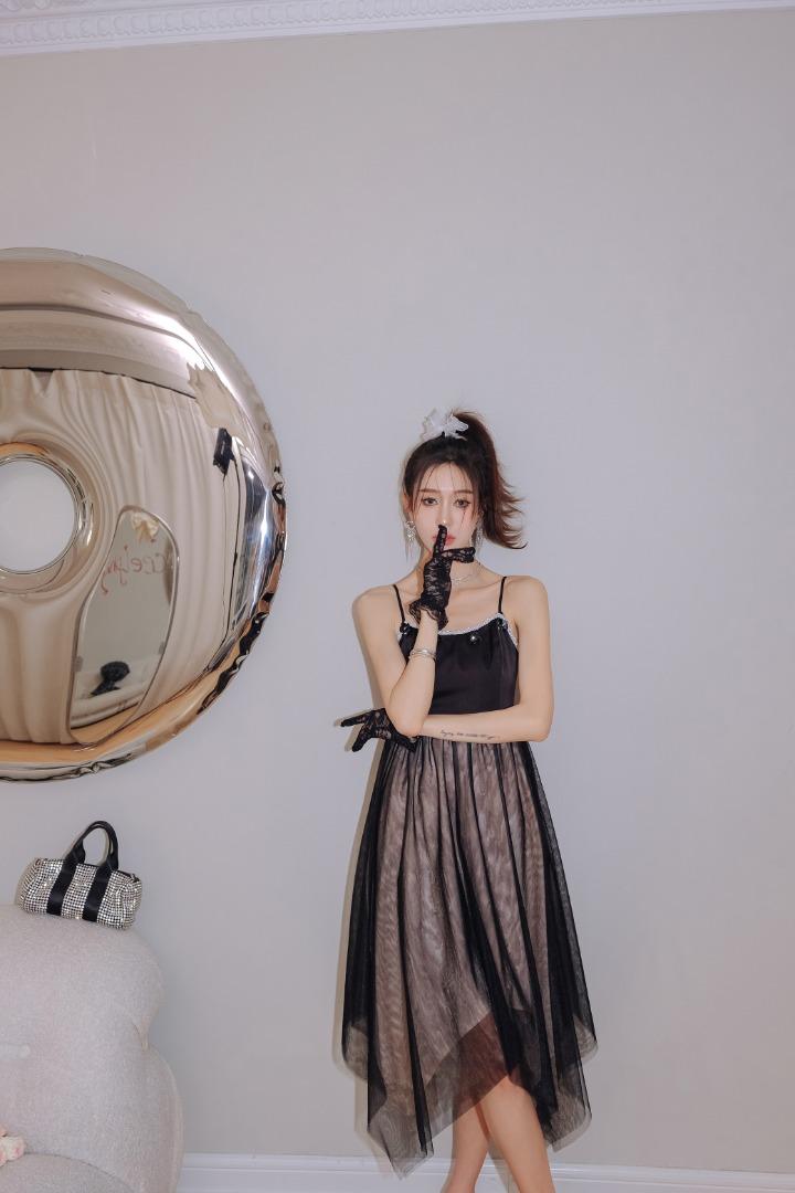 现货ceelphy浪漫网纱撞色不规则裙摆吊带,女装背心吊带,ceelphy