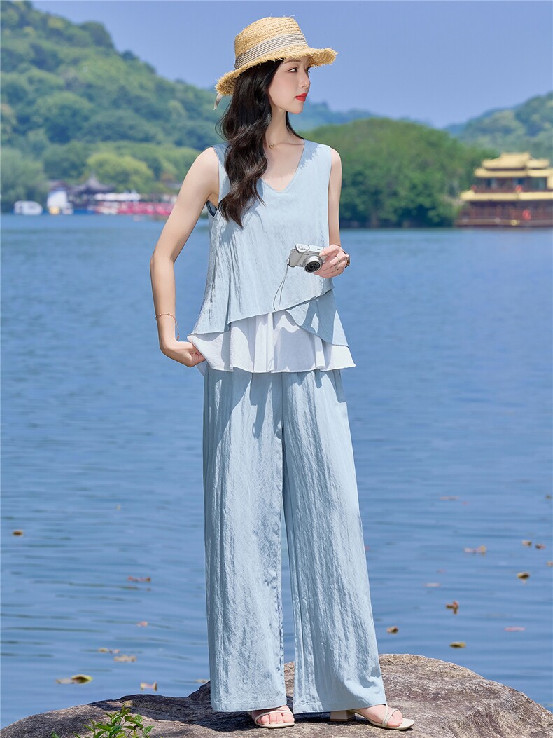 （新款现货）2026夏装时尚莱赛尔花苞假两件上衣阔腿裤套装两件套,女装套装/套裙,印象茜