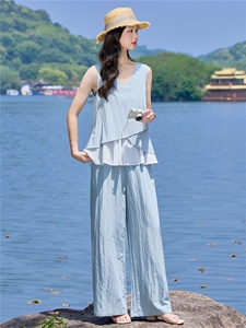（新款现货）2026夏装时尚莱赛尔花苞假两件上衣阔腿裤套装两件套图片