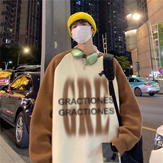 港风夜景秋款宽松时尚字母印花拼接插肩袖圆领毛衣M1301P68控88，男装针织衫/毛衣，电商A247