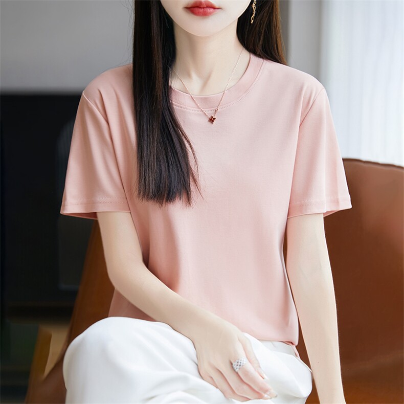 夏季新款简约圆领短袖女宽松百搭显瘦时尚休闲上衣,女装T恤,羊秋羊绒